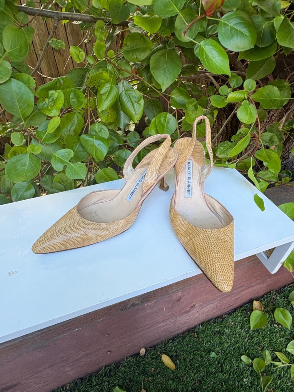 Manolo Blahnik Carolyne Tan Lizard Embossed Slingback Pumps - Size 35